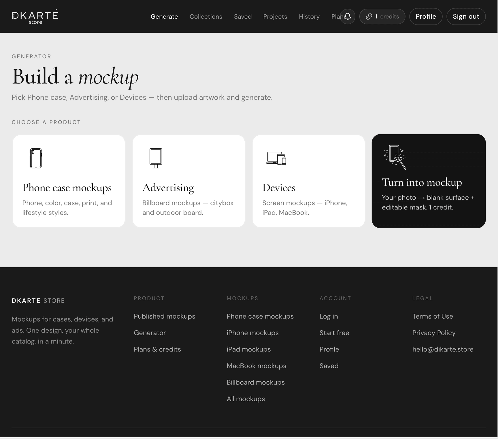 Choosing a product in the AI mockup generator: phone case, advertising, devices, or turn a photo into a mockup