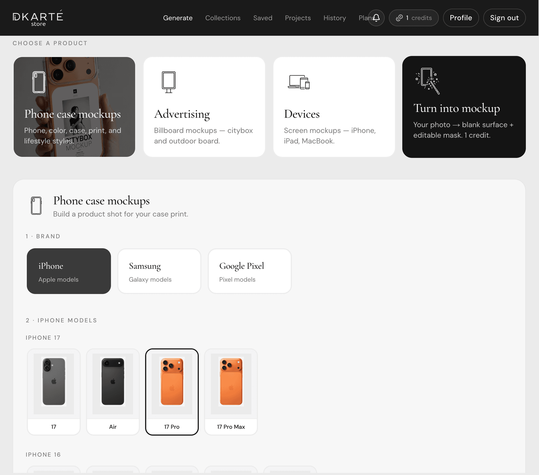 Selecting the phone brand and iPhone model in the mockup generator