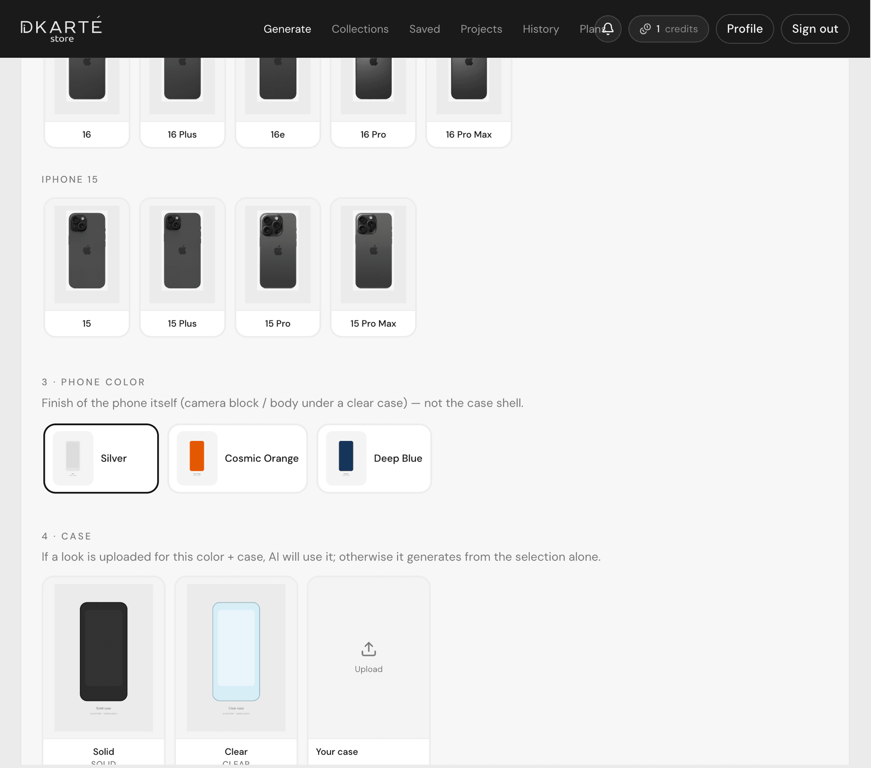Choosing the phone color and solid or clear case type