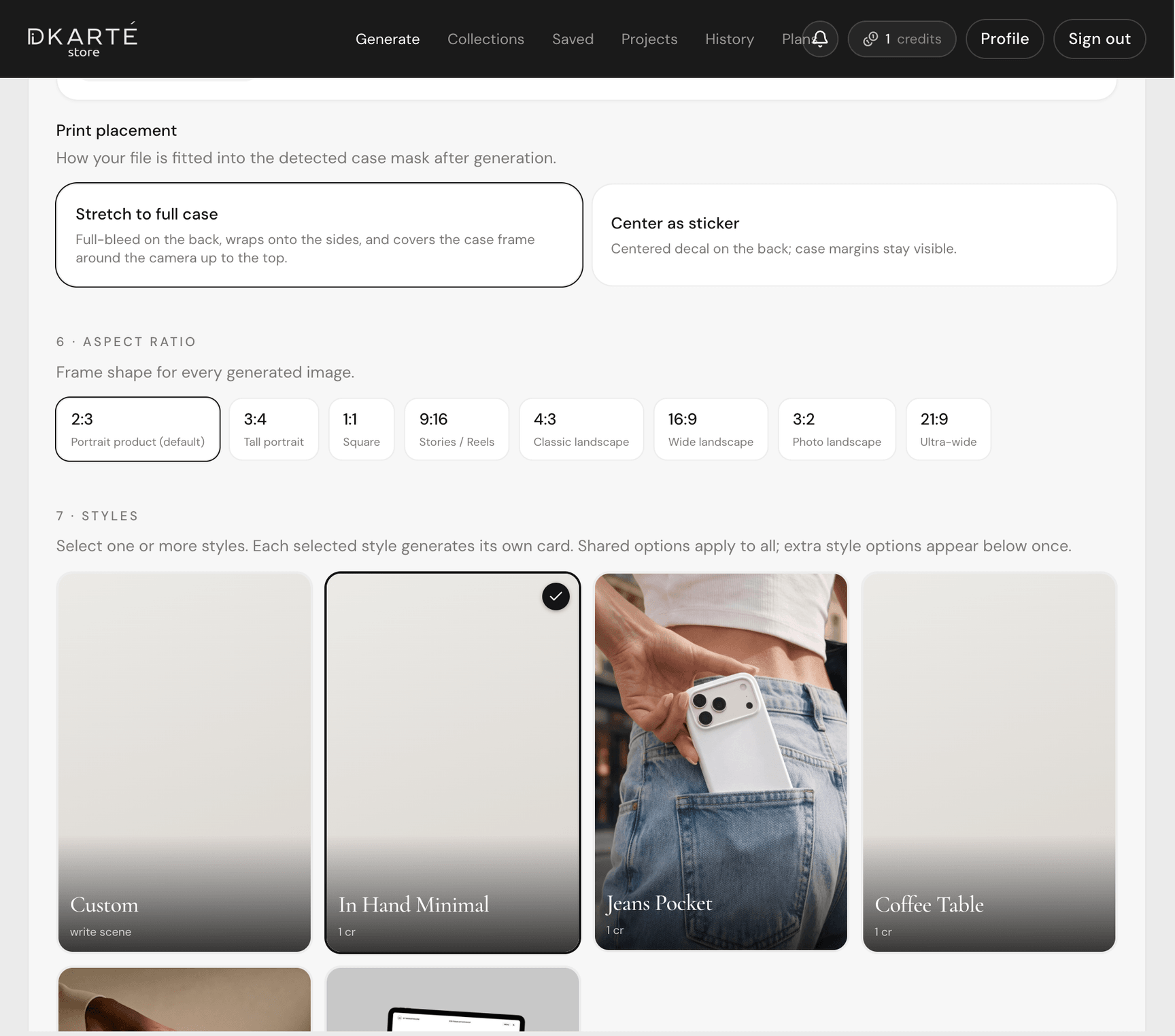 Aspect ratio options and the style grid in the AI mockup generator