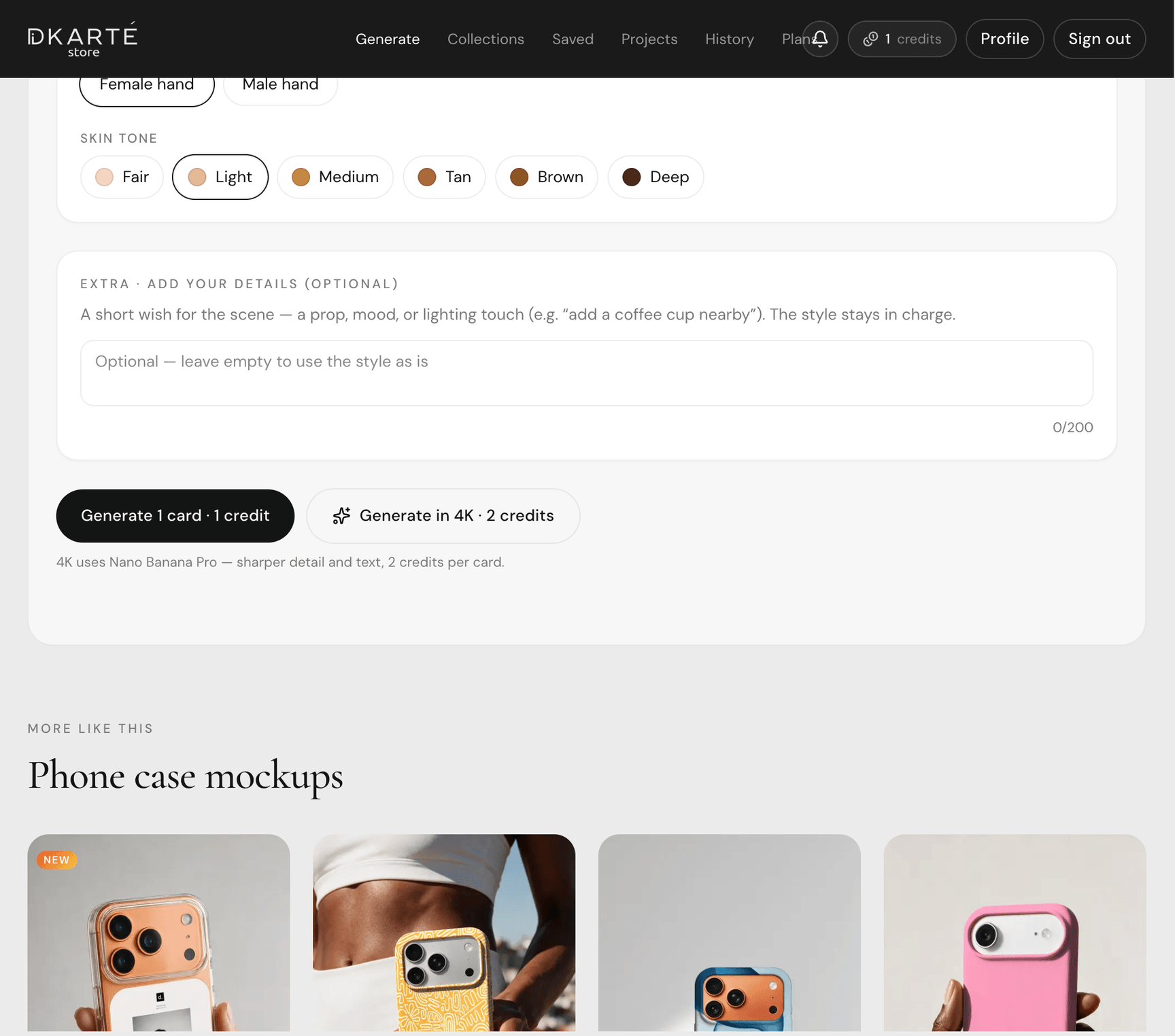 Generate and Generate in 4K buttons with credit cost in the mockup generator