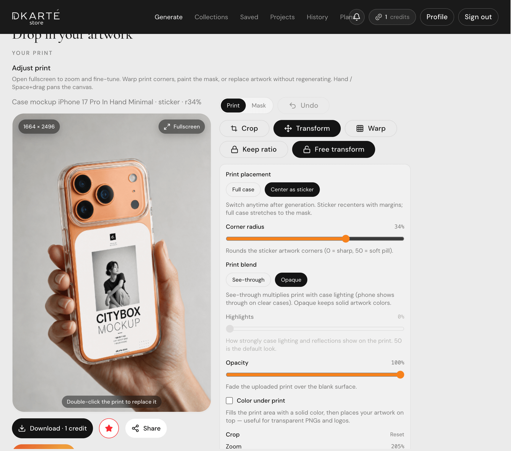 The print editor with Transform, Warp, and Crop tools applied to a phone case mockup